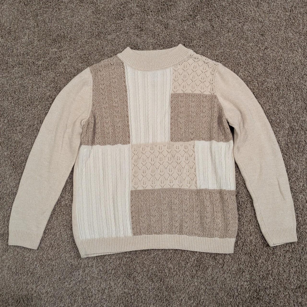 Alfred Dunner neutral beige tan color block crewneck sweater size petite medium
